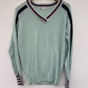 Smartwool Women's Mint V-Neck Sweater with Black and Burgundy Trim